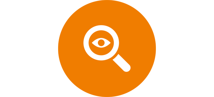 Icon, bestehend aus einem orangenen Kreis auf dem eine weiße Lupe mit einem Auge abgebildet ist.