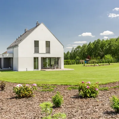 Garten mit kleinen Sträuchern rund um das moderne Haus