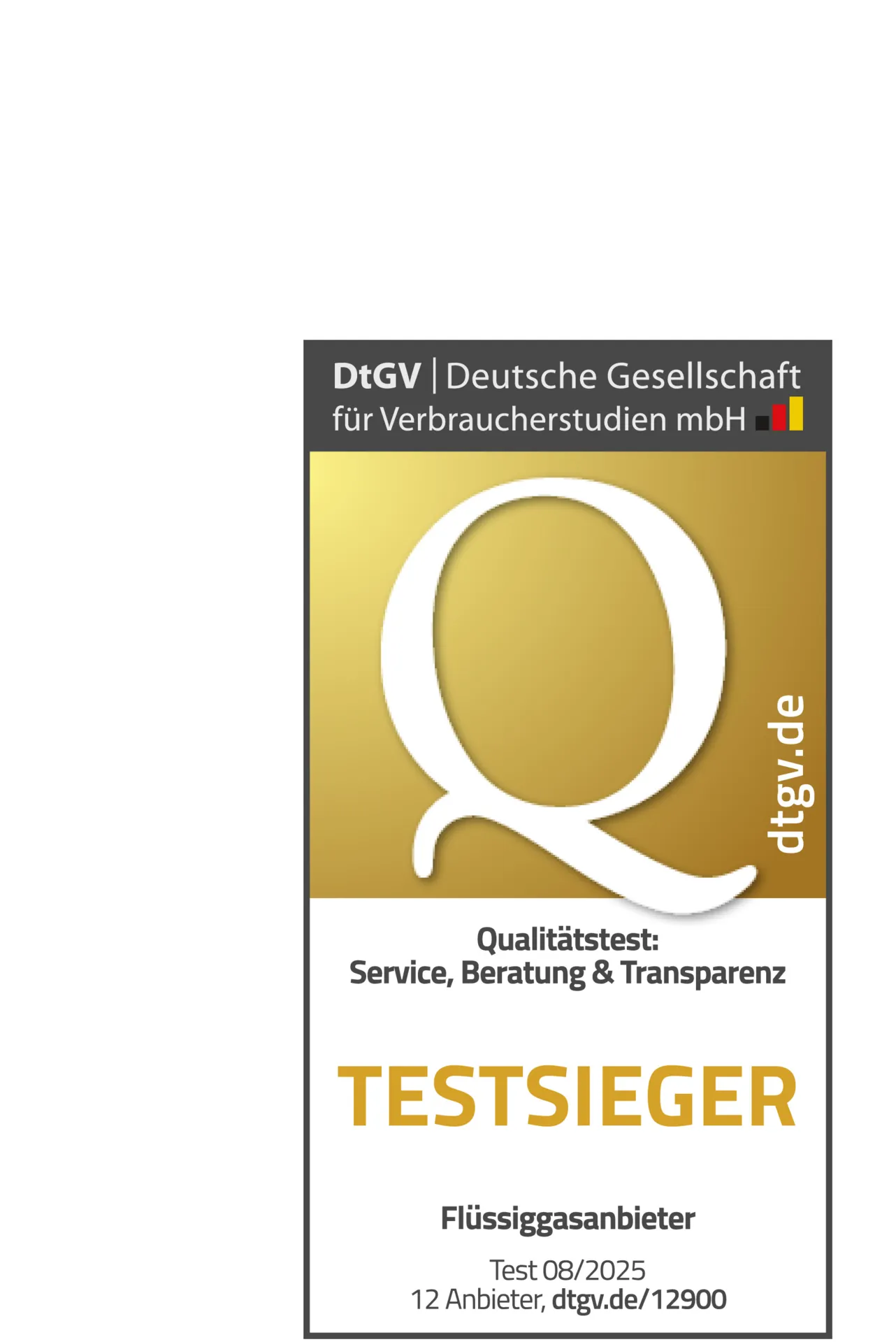 DtGV-Siegel für Testsieger PROGAS 2025 - hochkant